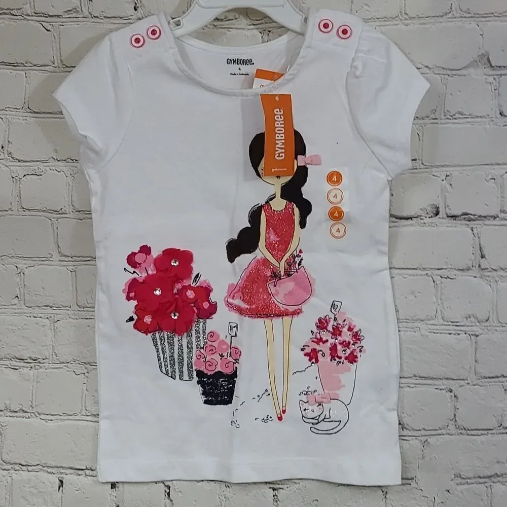 Gymboree Girls 4 White Glitter T-Shirt Top 3D Flowers Cat Rhinestone Sparkle NWT